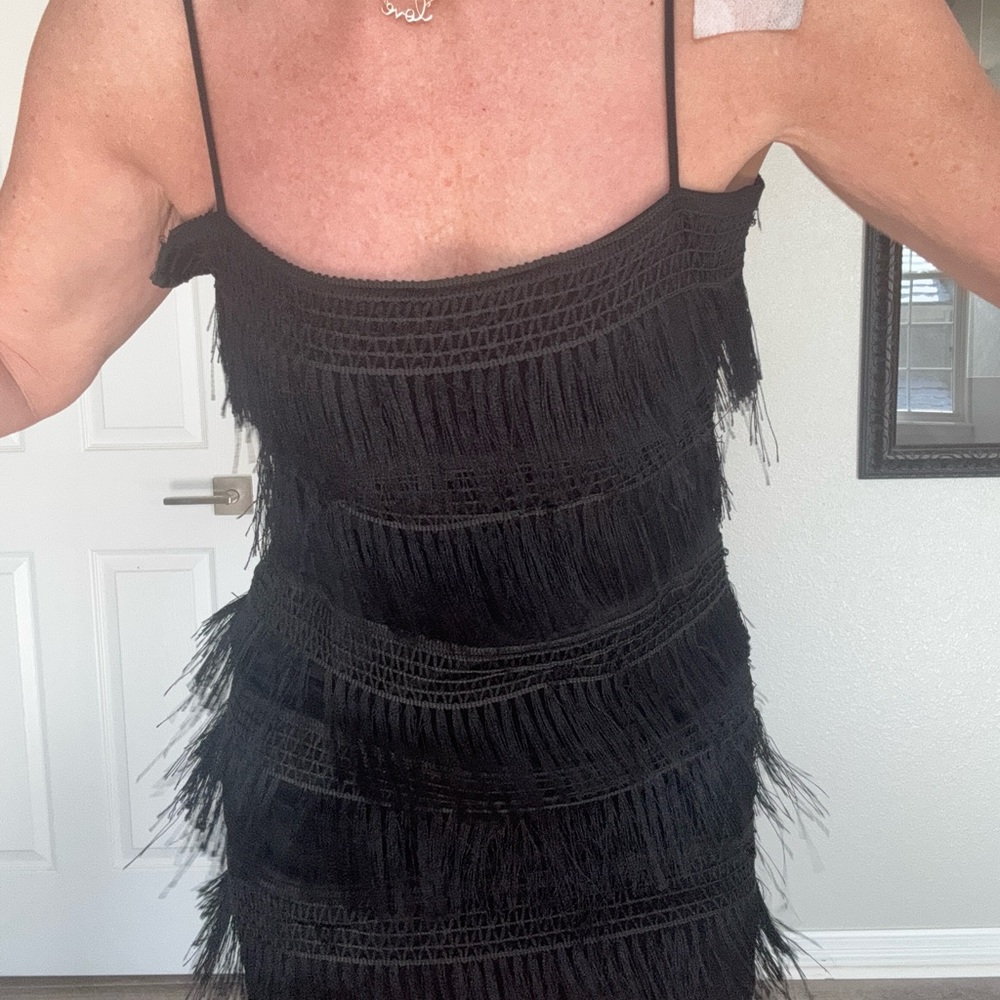 Black Spaghetti Strap, Tassel, Mini Dress